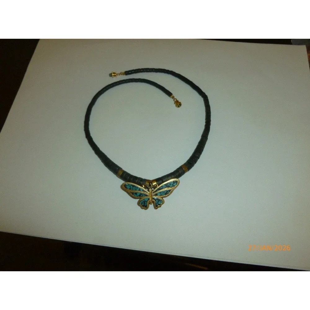Vintage Southwestern Turquoise Inlay Butterfly Heishe Bead Choker Necklace Black